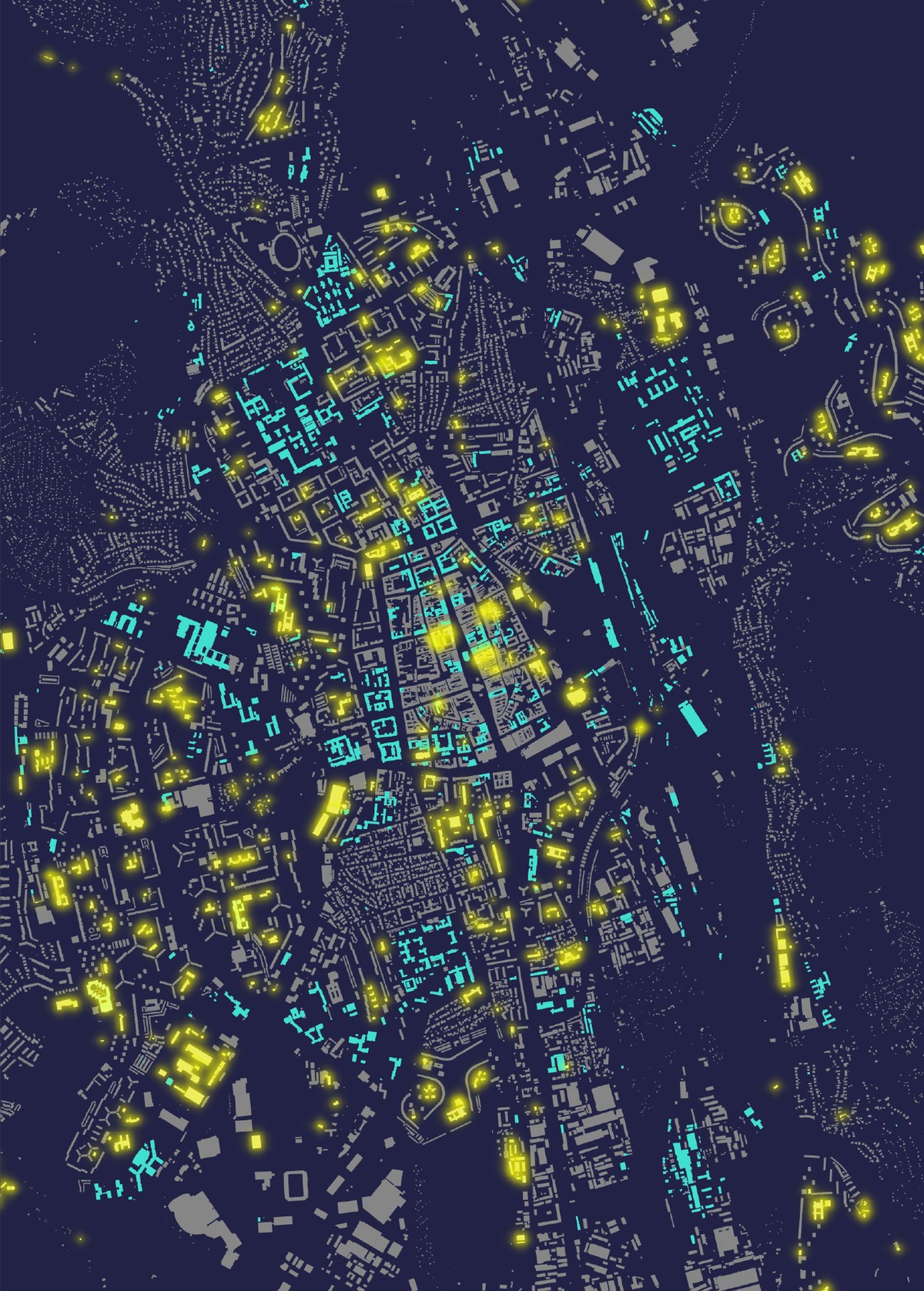 Digital map of Košice showing municipal buildings and urban areas