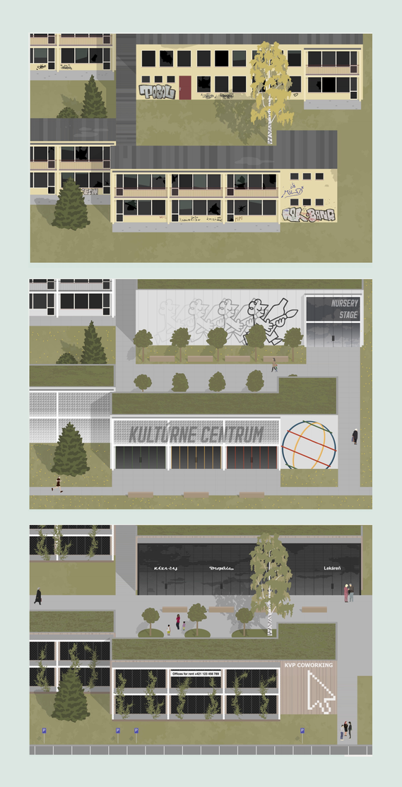 Three illustrated scenarios for the possible future use of a municipal building